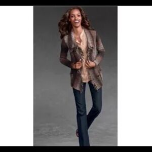 CAbi Frontier Fringe Button Down Cardigan; Earth Tones; Size M